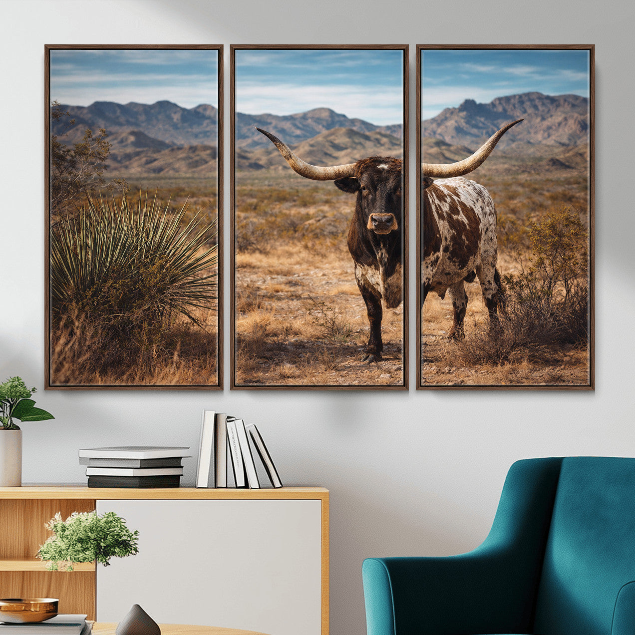 17622011S-MGV-CV-36X24 - Texas Longhorn Bull Wall Art Canvas Print, Western Farmhouse Cowboy Decor, Rustic Texas Ranch Cattle Artwork for Living Room Bedroom Office, Framed Wall Decor