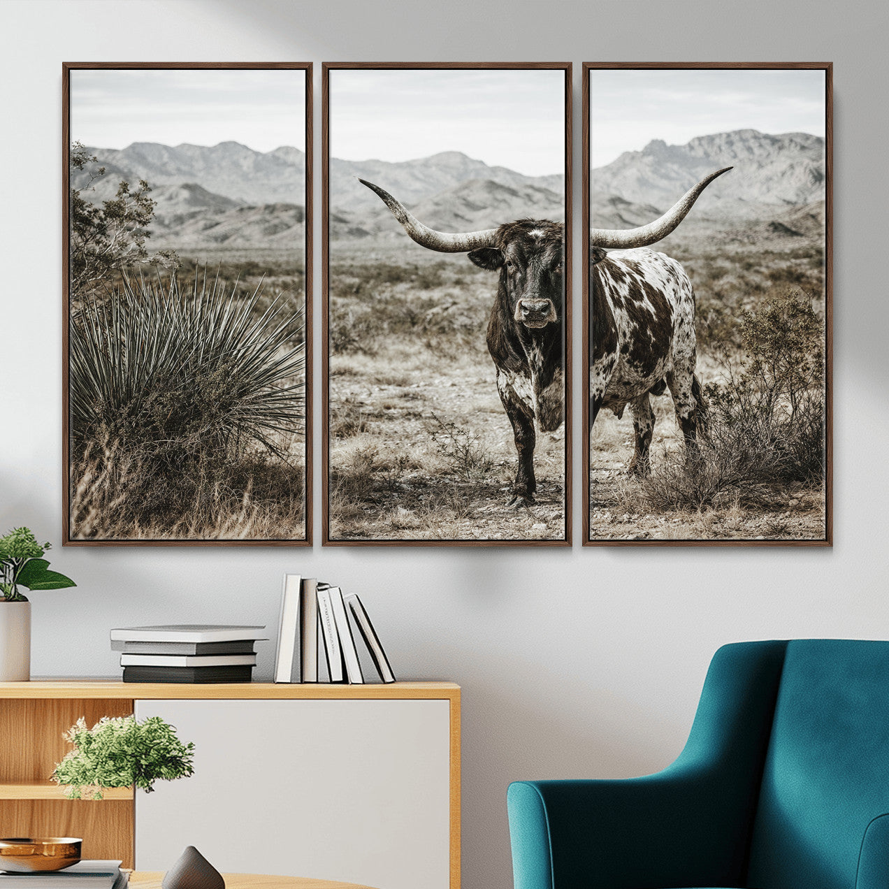 17622011H-MGV-CV-36X24 - Texas Longhorn Bull Wall Art Canvas Print, Western Farmhouse Cowboy Decor, Rustic Texas Ranch Cattle Artwork for Living Room Bedroom Office, Framed Wall Decor