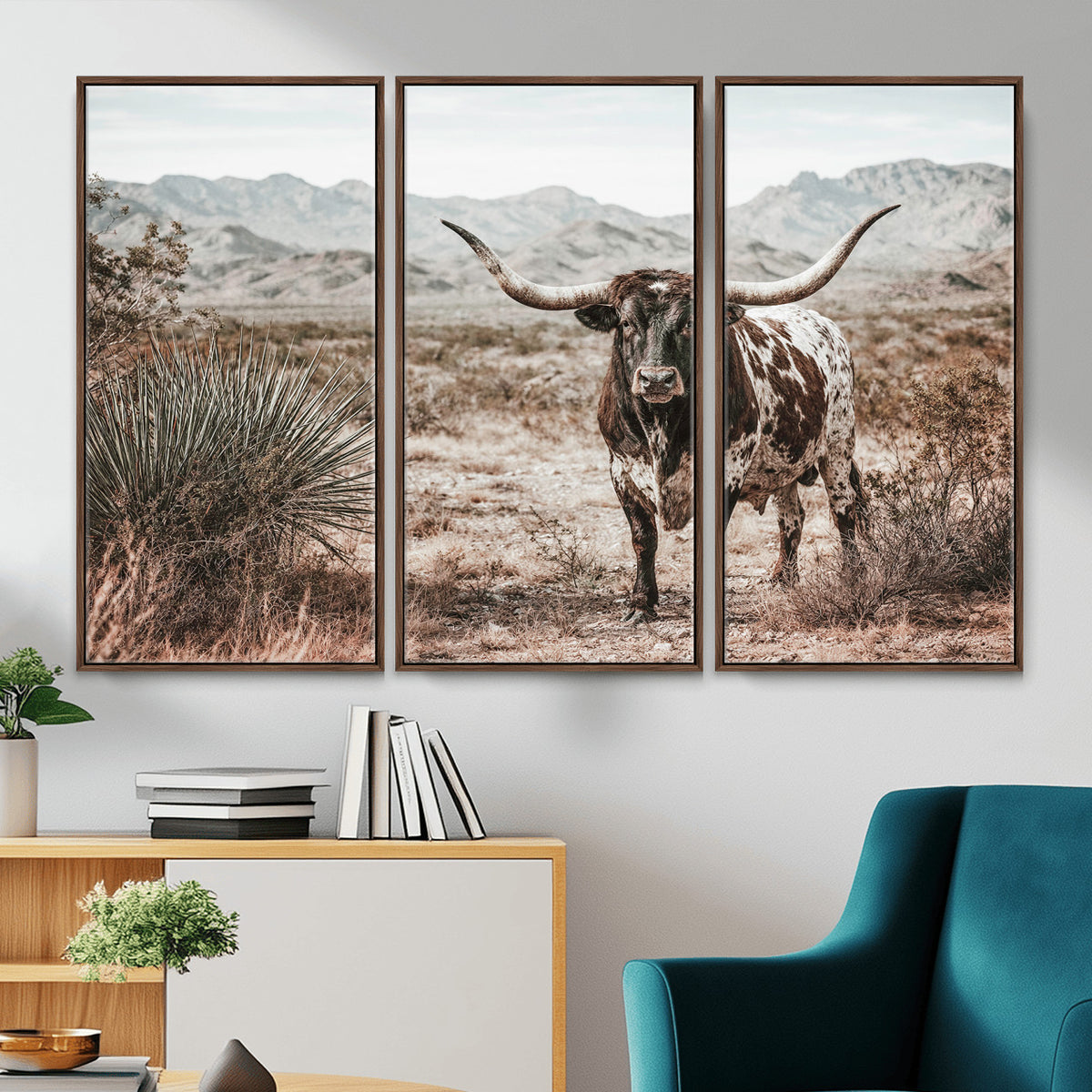 17622011H-MGV-CV-36X24 - Texas Longhorn Bull Wall Art Canvas Print, Western Farmhouse Cowboy Decor, Rustic Texas Ranch Cattle Artwork for Living Room Bedroom Office, Framed Wall Decor