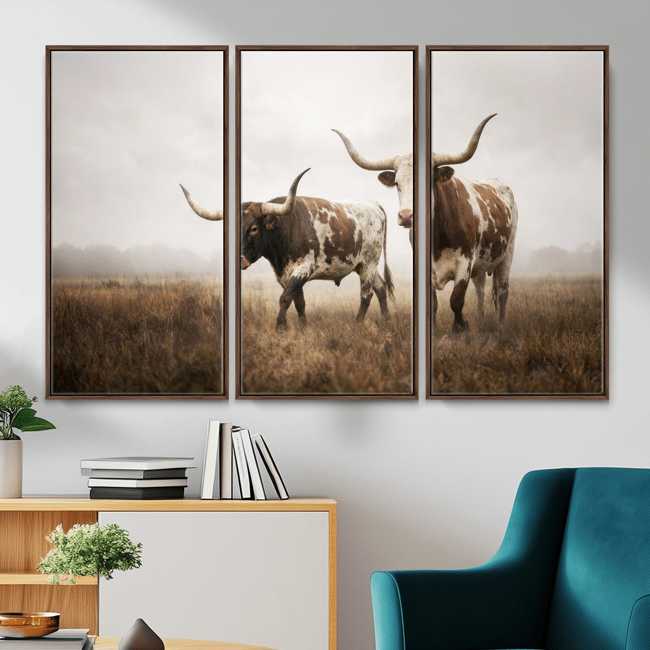 92881702-MGV-CV-36X24 - Texas Longhorn Canvas Wall Art Western Bull Desert Moody Grey Overcast Rustic Farmhouse Framed Large for Living Room Bedroom Office Decor
