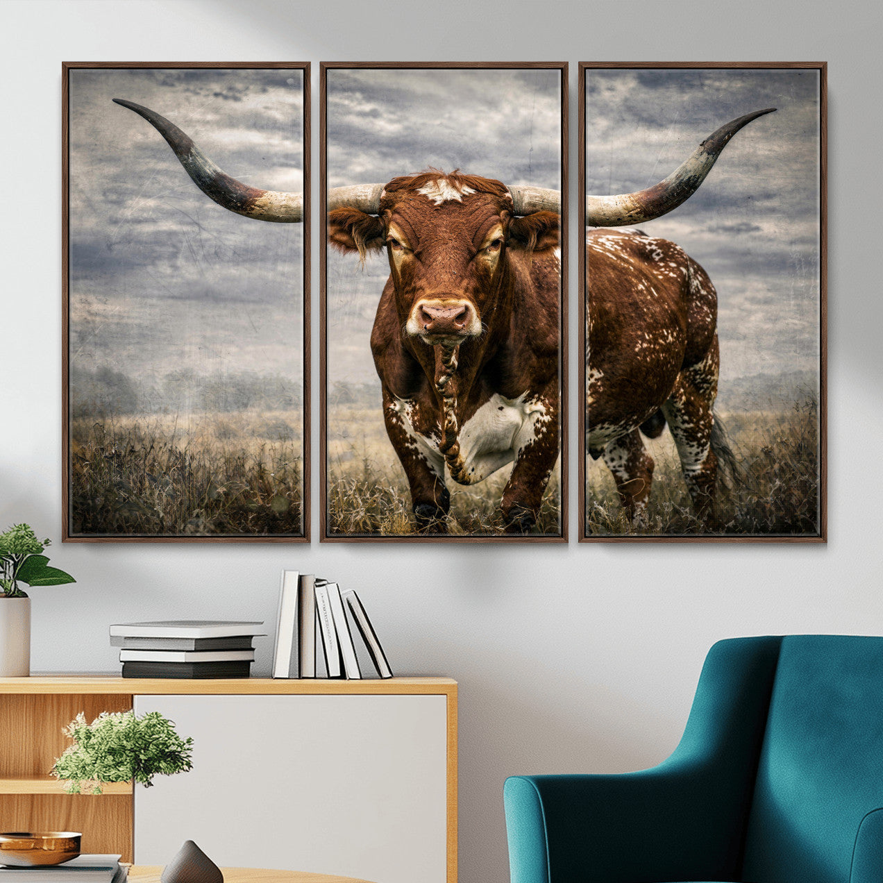 14372769-MGV-CV-36X24 - Texas Longhorn Canvas Wall Art Western Bull Desert Moody Grey Overcast Rustic Farmhouse Framed Large for Living Room Bedroom Office Decor