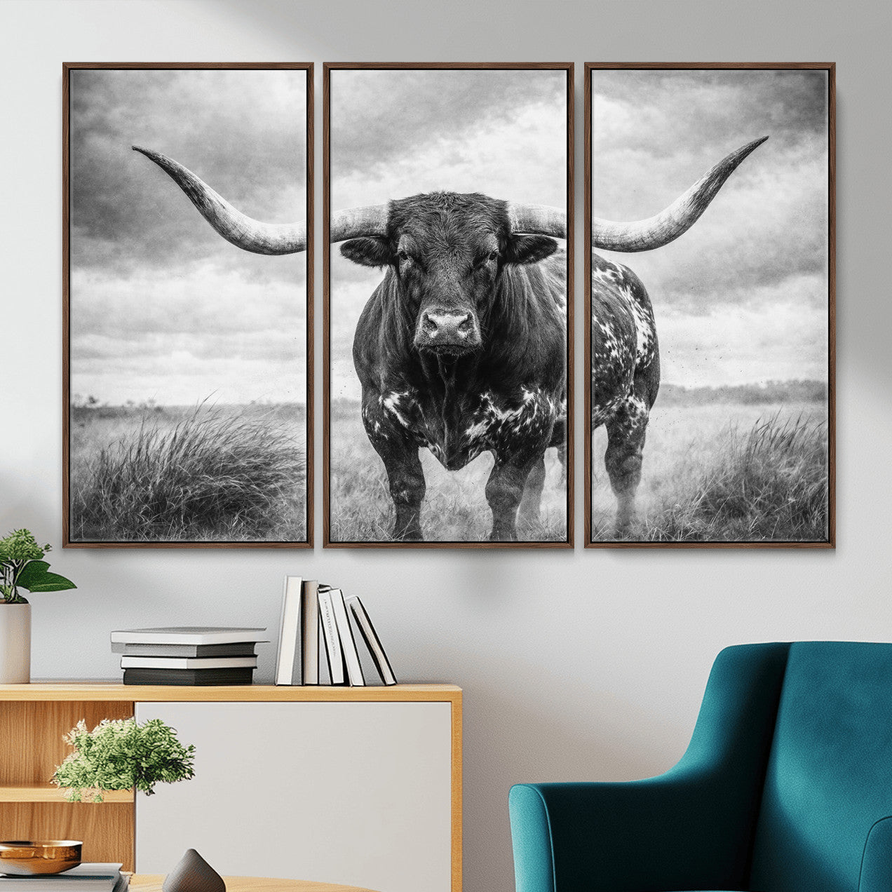 19951238-MGV-CV-36X24 - Texas Longhorn Canvas Wall Art Western Bull Desert Moody Grey Overcast Rustic Farmhouse Framed Large for Living Room Bedroom Office Decor