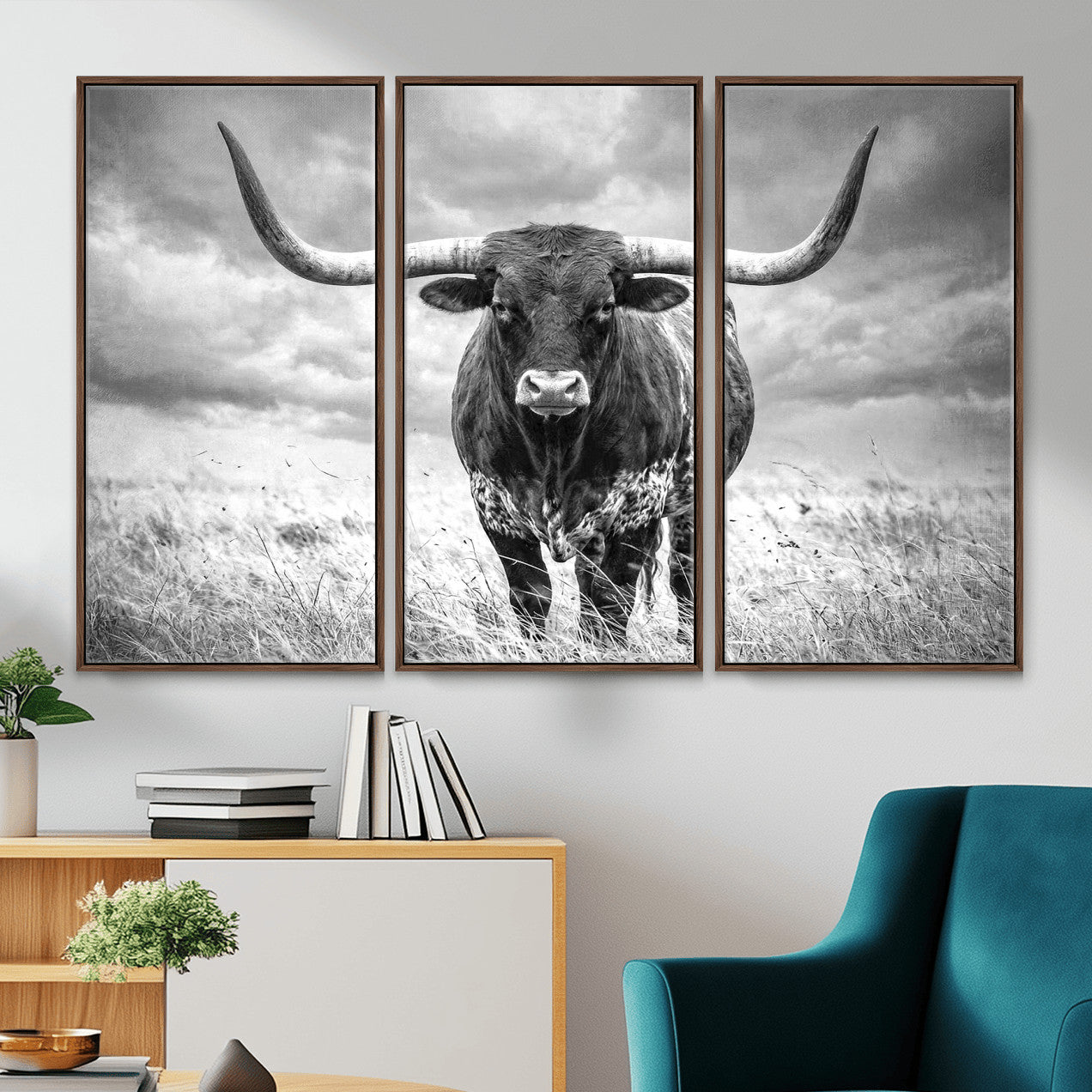 63336115-MGV-CV-36X24 - Texas Longhorn Canvas Wall Art Western Bull Desert Moody Grey Overcast Rustic Farmhouse Framed Large for Living Room Bedroom Office Decor