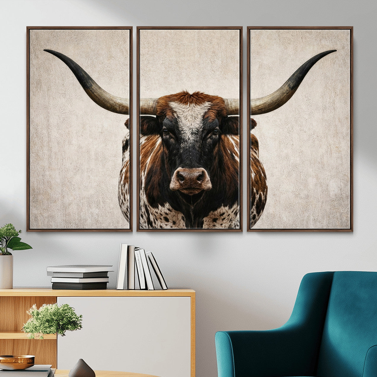 58622065-MGV-CV-36X24 - Texas Longhorn Canvas Wall Art Western Bull Desert Moody Grey Overcast Rustic Farmhouse Framed Large for Living Room Bedroom Office Decor