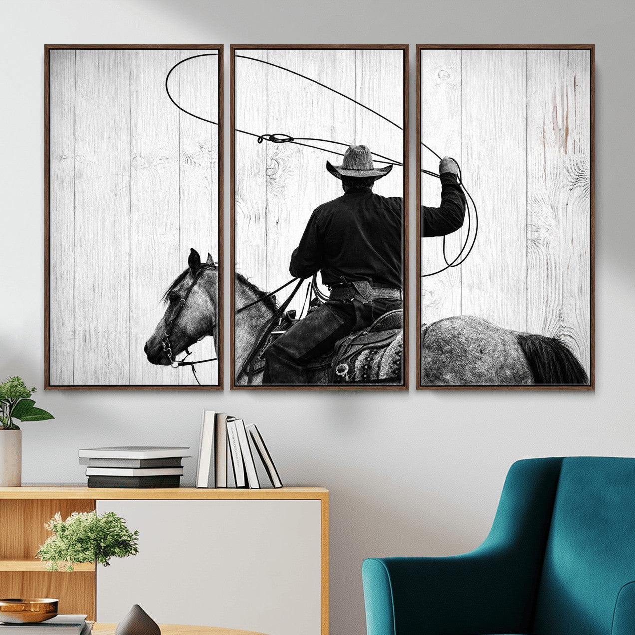 22569358-MGV-CV-36X24 - Cowboy Lasso Canvas Wall Art, Black White Western Horse Photo Print, Rustic Ranch Rodeo Decor, Farmhouse Western Art, Cowboy Gift for Him