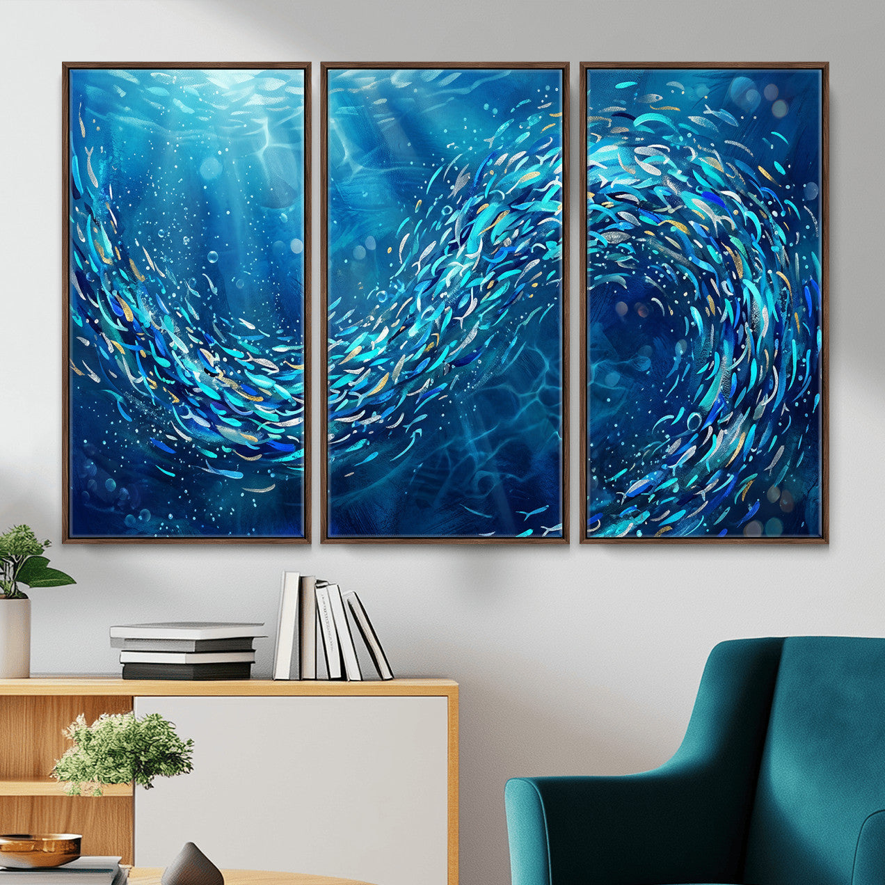 54535639-MGV-CV-36X24 - School of Fish Canvas Print | Blue Ocean Underwater Wall Art | Swirling Fish Shoal Illustration | Marine Navy Coastal Decor