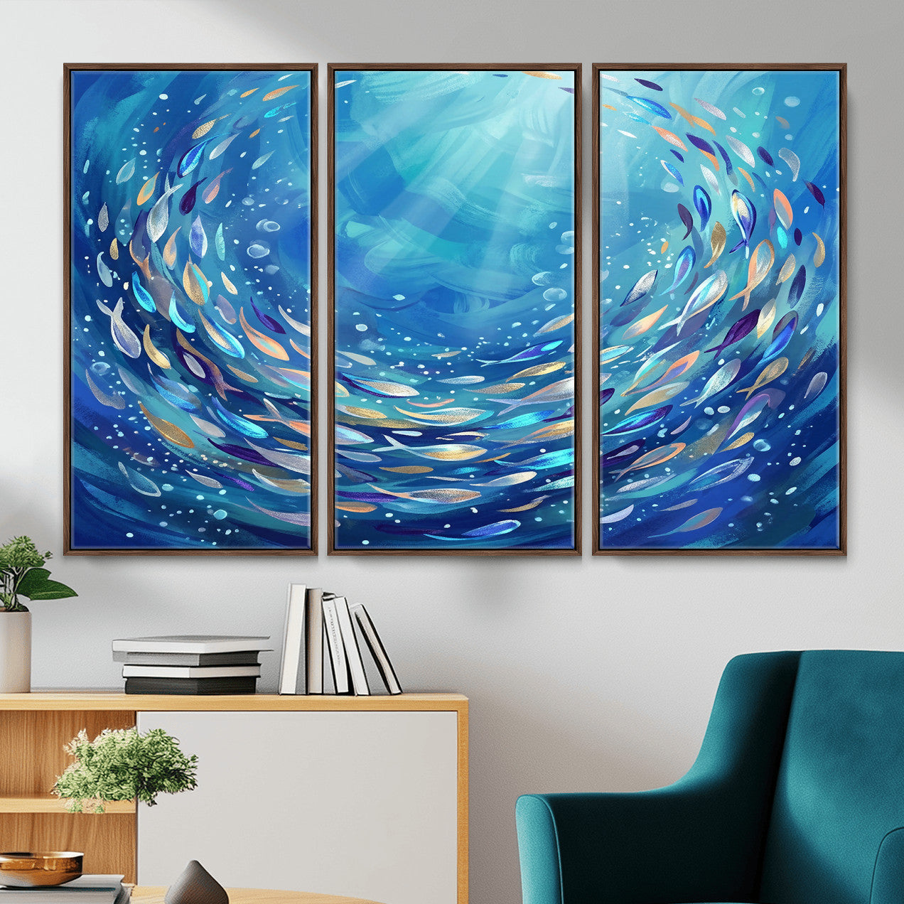 78699899-MGV-CV-36X24 - School of Fish Canvas Print | Blue Ocean Underwater Wall Art | Swirling Fish Shoal Illustration | Marine Navy Coastal Decor