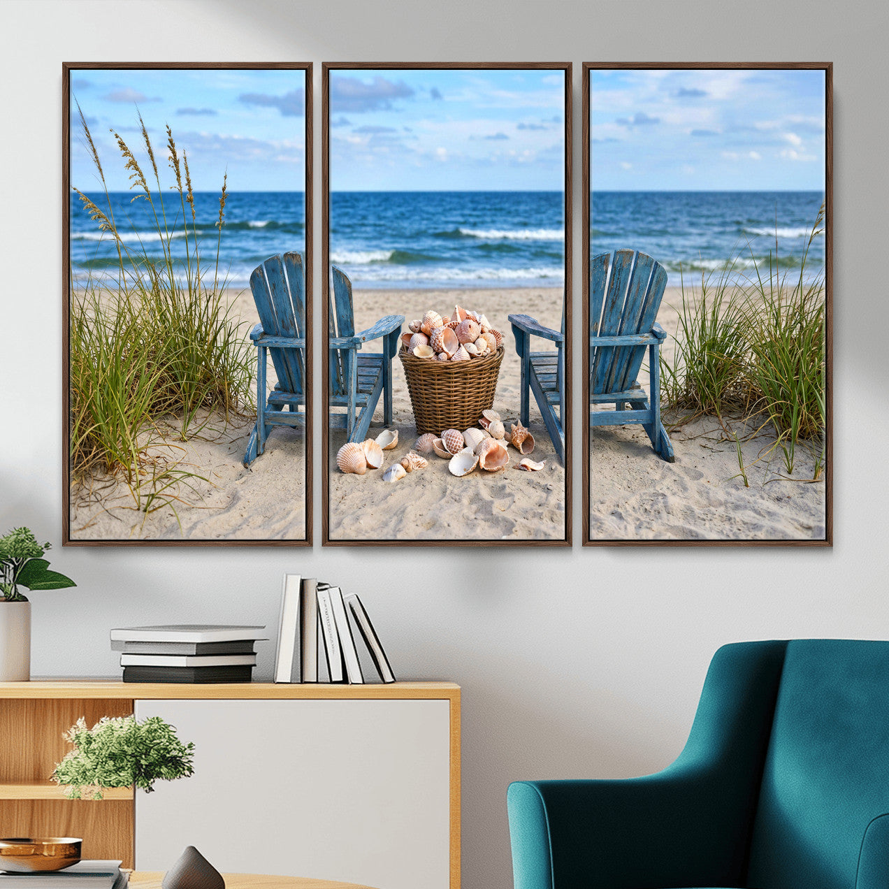 80268829-MGV-CV-36X24 - Large Beach Canvas Wall Art Coastal Adirondack Chairs Ocean Seashells Blue Nautical Framed Large for Living Room Bedroom Bathroom Decor