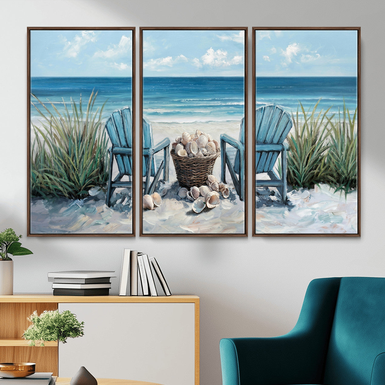 11973028-MGV-CV-36X24 - Beach Canvas Wall Art Coastal Adirondack Chairs Ocean Seashells Blue Nautical Framed Large for Living Room Bedroom Bathroom Decor