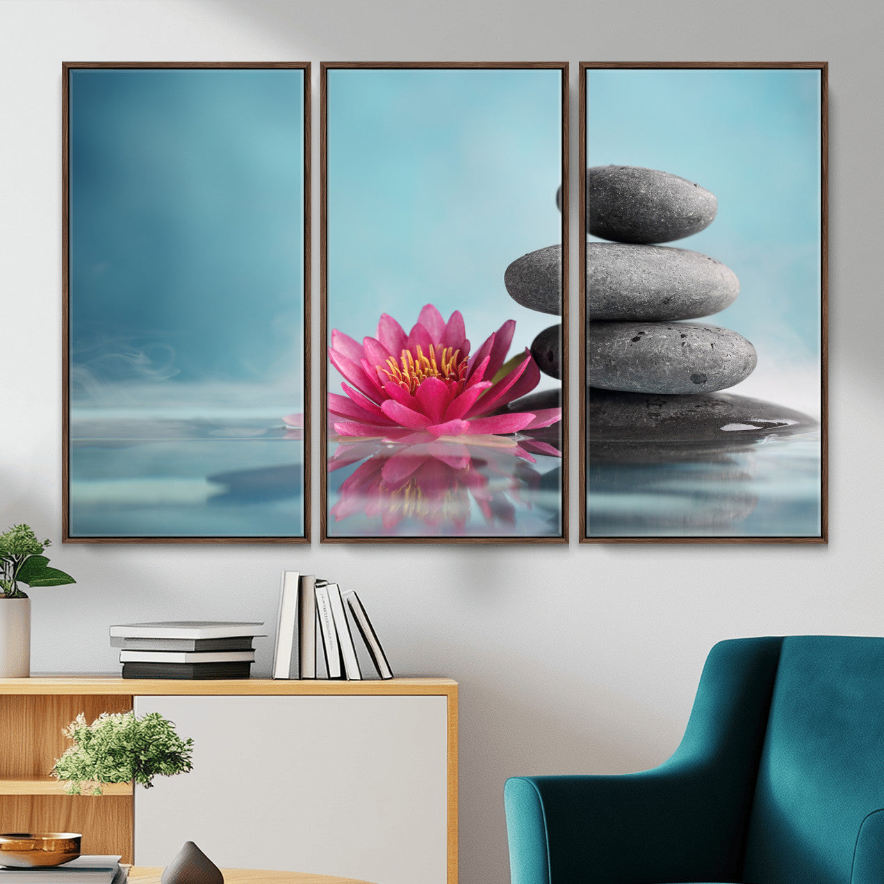 84293154-MGV-CV-36X24 - Zen Canvas Wall Art Lotus Flower Stacked Stones Teal Spa Meditation Relaxation Framed Large for Bathroom Bedroom Living Room Office Decor