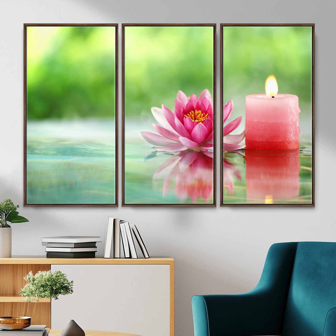 17661715-MGV-CV-36X24 - Zen Lotus Candle Canvas Wall Art Pink Spa Meditation Relaxation Green Bokeh Framed Large for Bathroom Bedroom Living Room Office Decor