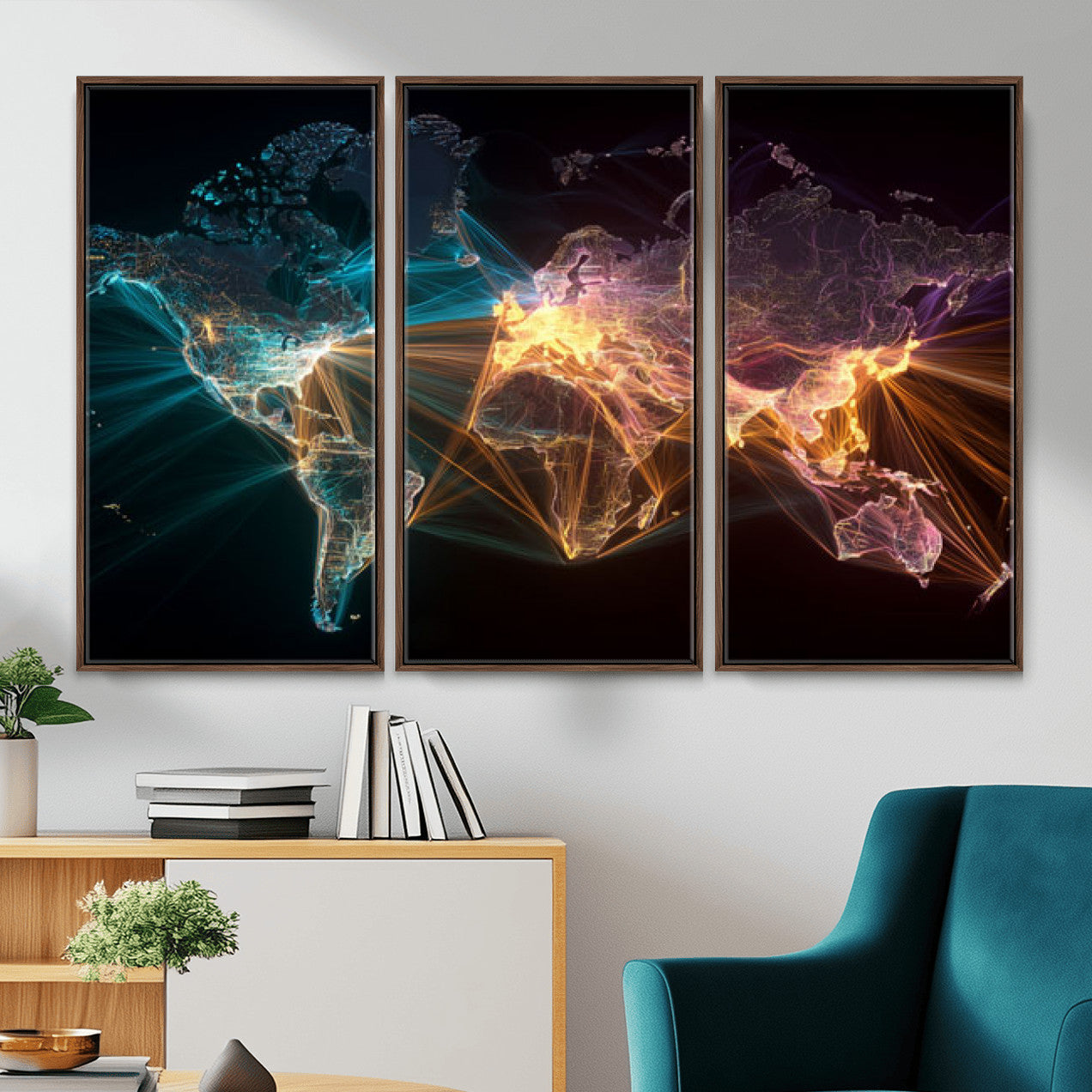 14891737-MGV-CV-36X24 - World Map and Global Flight Routes Map Canvas Wall Art, Worldwide Aviation Network Print, International Air Travel Wall Decor