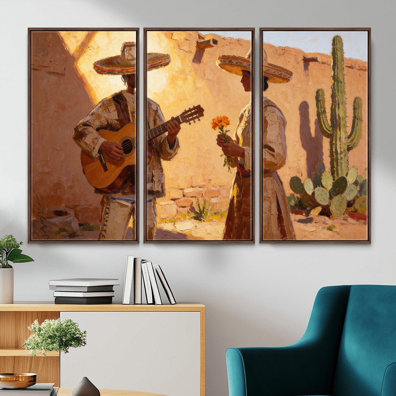 41849005-MGV-CV-36X24 - Mexican Couple Canvas Wall Art, Romantic Serenade Guitar Painting Print, Southwestern Desert Adobe Decor, Warm Golden Folk Art, Living Room Art