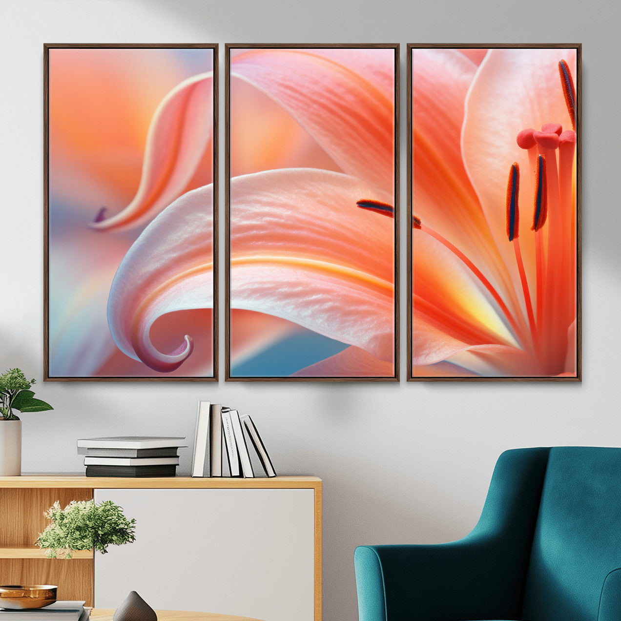 69566231-MGV-CV-36X24 - Peach Lily Canvas Wall Art, Coral Pink Flower Macro Photo Print, Botanical Bedroom Decor, Soft Floral Photography, Living Room Wall Art
