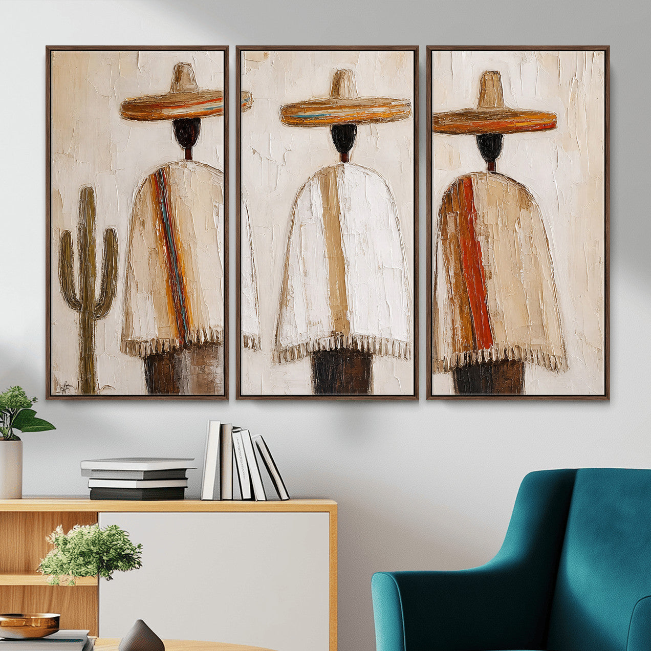 72884785-MGV-CV-36X24 - Mexican Folk Art Canvas Wall Art, Southwestern Sombrero Poncho Painting, Neutral Earthy Boho Decor, Fiesta Living Room Art, Impasto Style Print