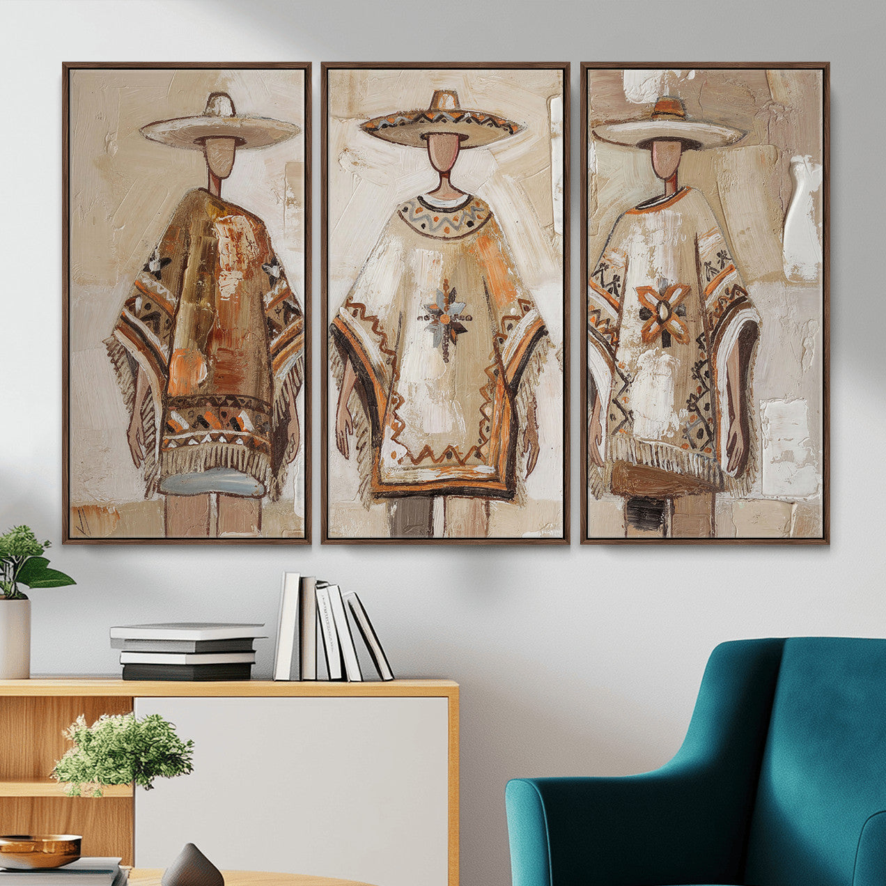 85373290-MGV-CV-36X24 - Mexican Folk Art Canvas Wall Art, Charro Poncho Sombrero Painting Print, Neutral Beige Boho Decor, Southwestern Impasto Style, Living Room Art
