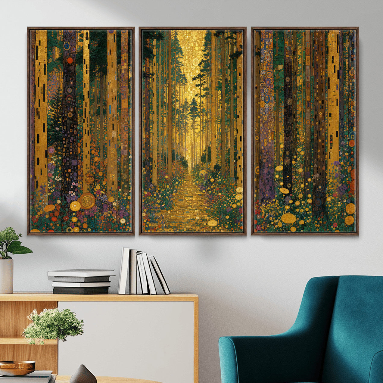79483321G-MGV-CV-48X32-3P - Gustav Klimt Style Forest Canvas Wall Art, Golden Forest Path Floral Art Nouveau Print, Enchanted Woodland Decor