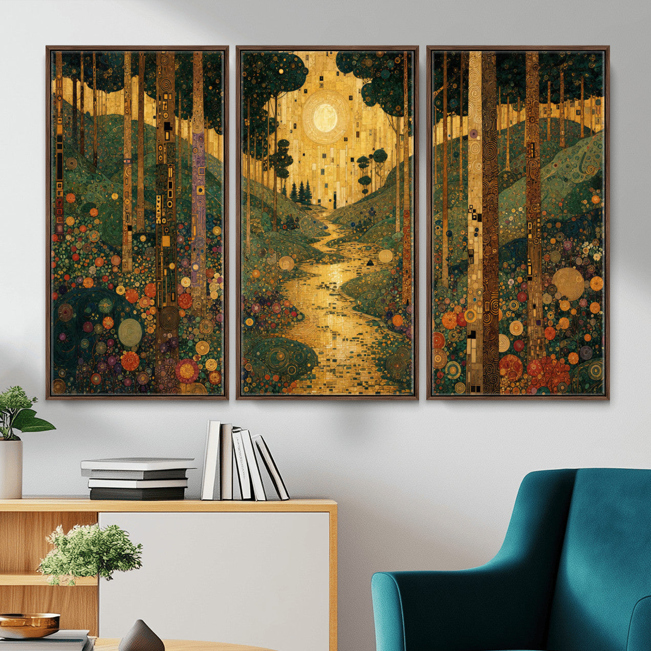 79483321GS-MGV-CV-48X32-3P - Gustav Klimt Style Forest Canvas Wall Art, Golden Forest Path Floral Art Nouveau Print, Enchanted Woodland Decor