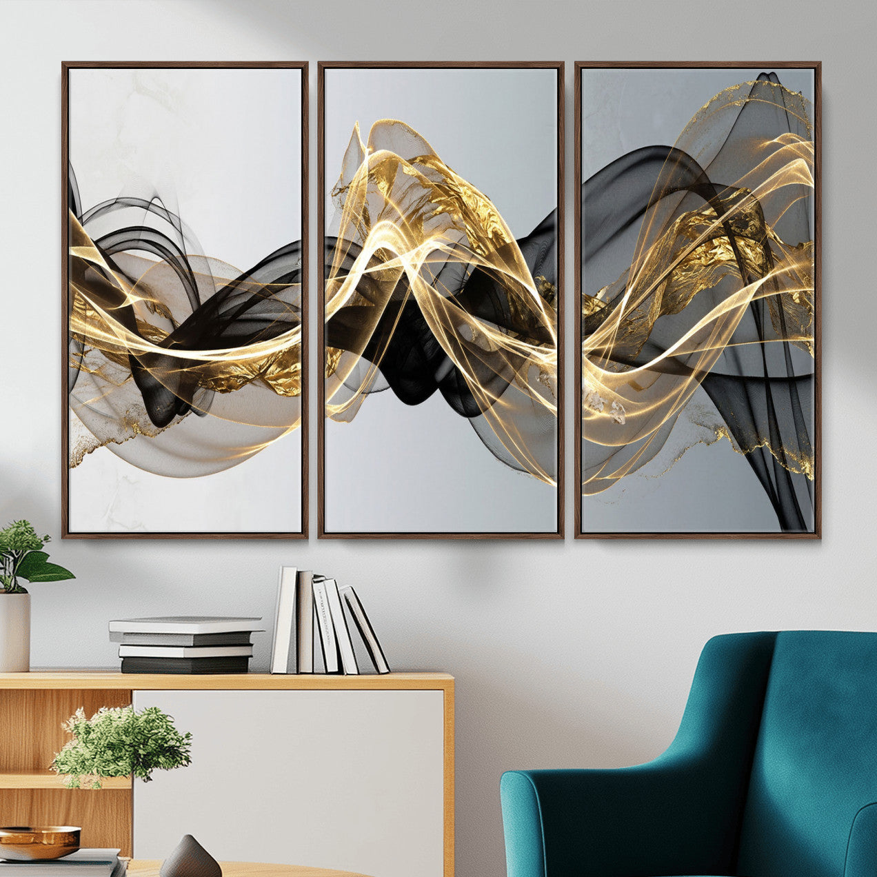 79483321DL-MGV-CV-36X24 - Black and Gold Abstract Wall Art, Modern Wave Canvas Print, Elegant Flowing Smoke Art, Luxury Living Room Decor