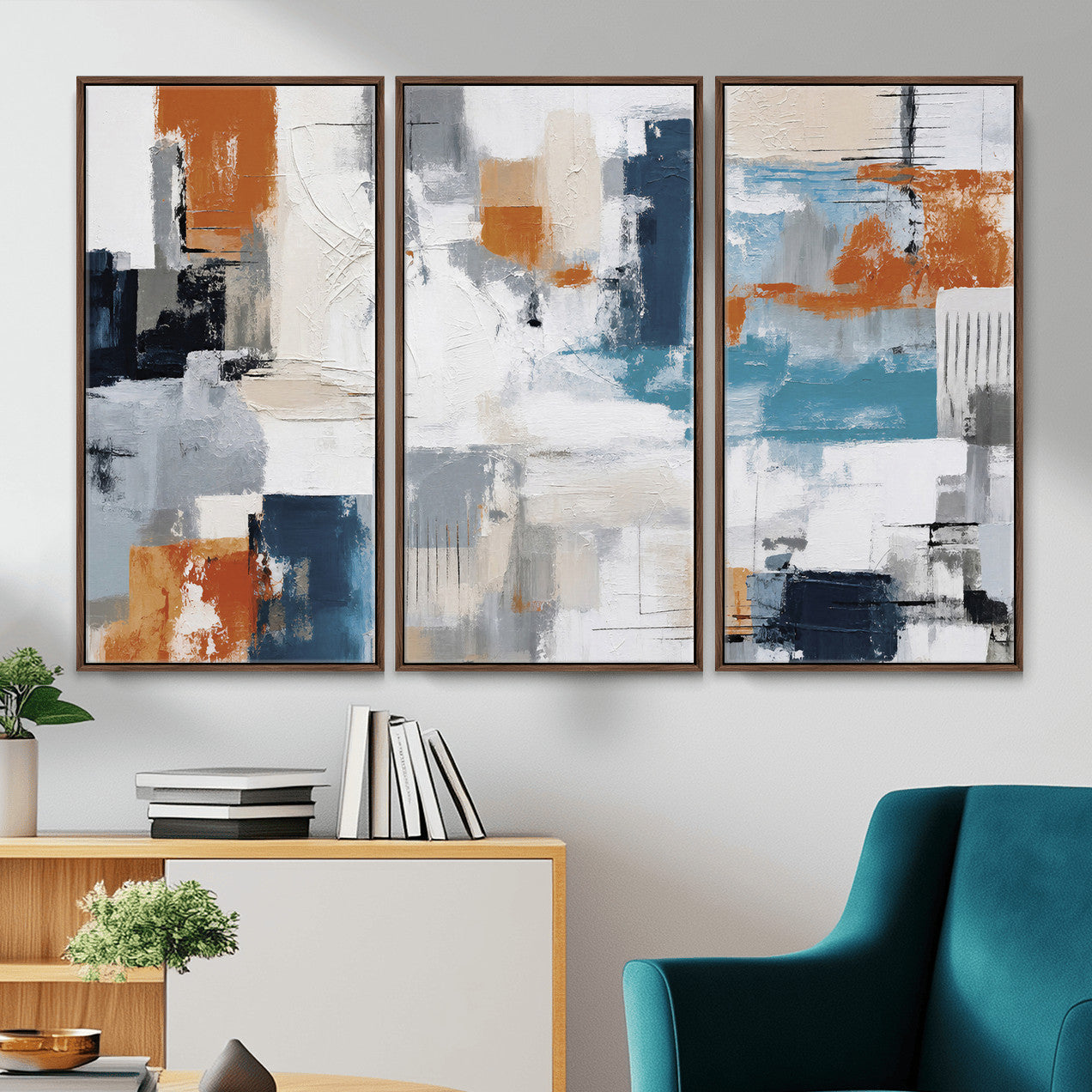 44950303-MGV-CV-36X24 - Blue Teal Abstract Canvas Wall Art, Modern Textured Painting Print, Navy Orange White Contemporary Art, Neutral Living Room Decor, Office Art