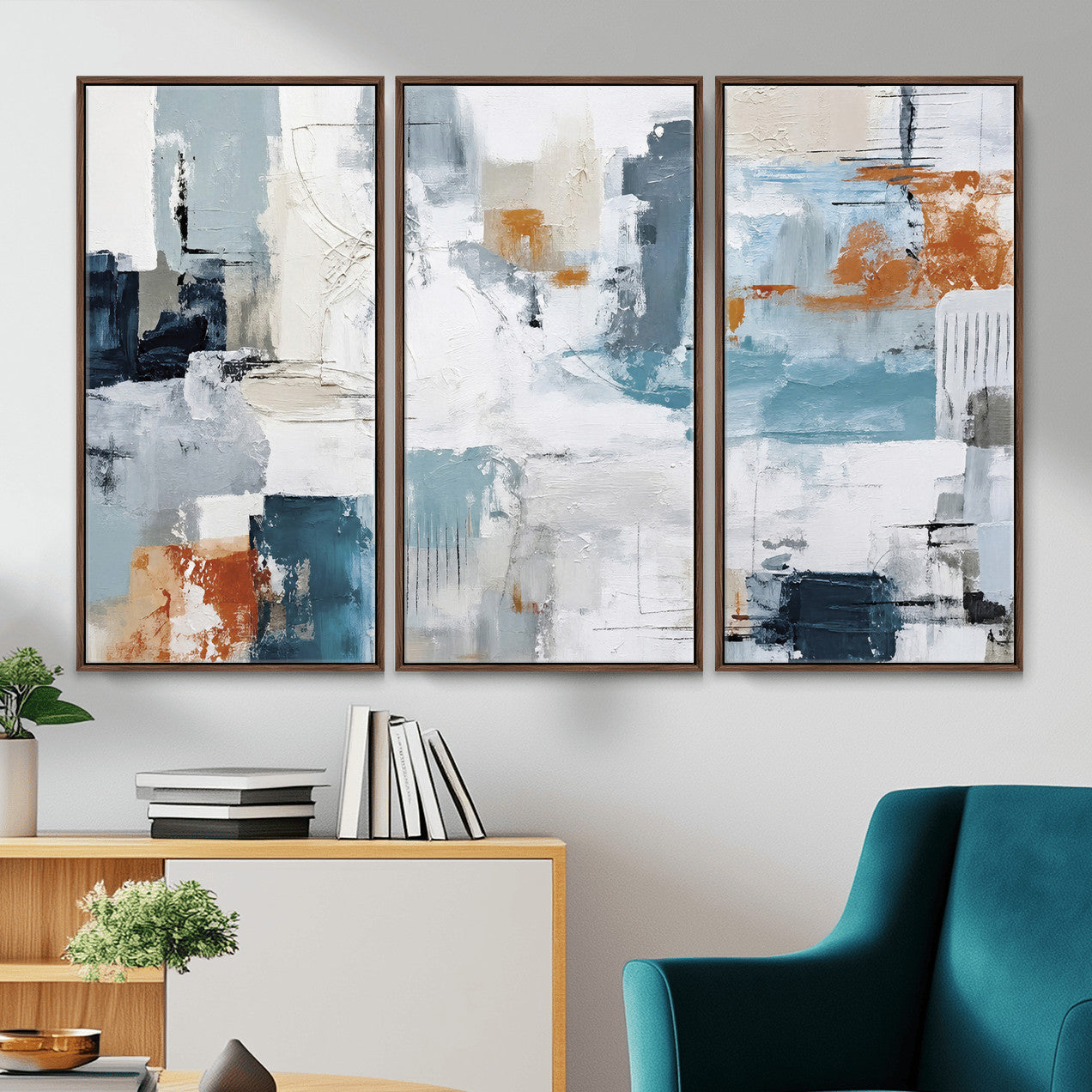 98638479-MGV-CV-36X24 - Blue Teal Abstract Canvas Wall Art, Modern Textured Painting Print, Navy Orange White Contemporary Art, Neutral Living Room Decor, Office Art
