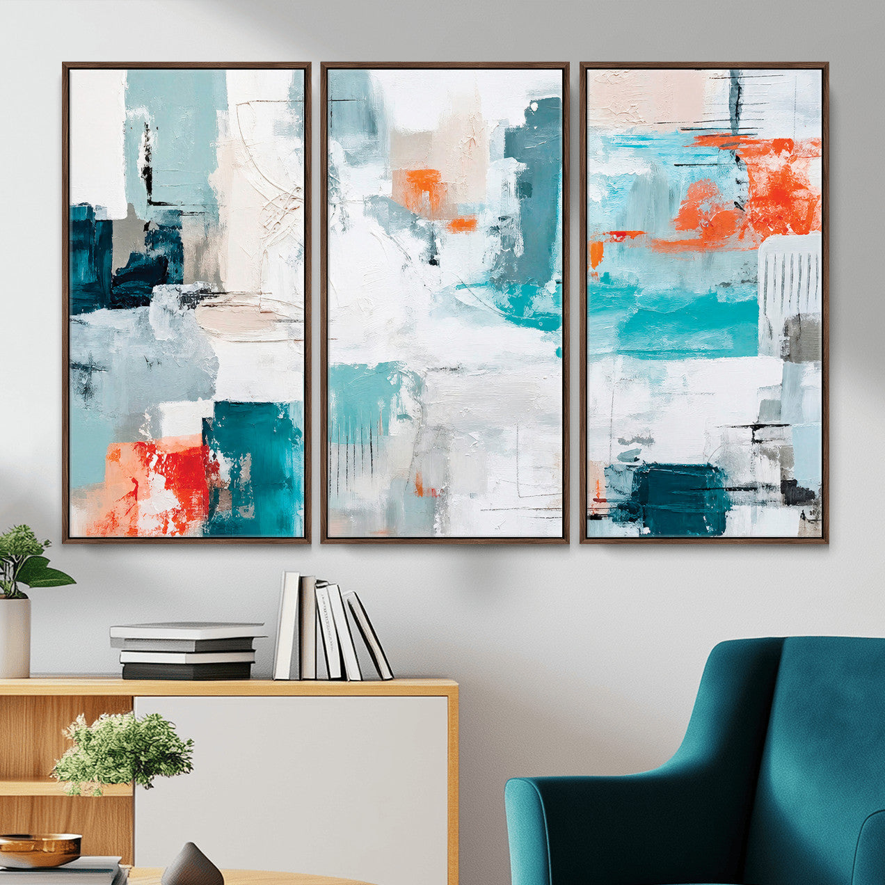 98638479-MGV-CV-36X24 - Blue Teal Abstract Canvas Wall Art | Modern Textured Painting Print, Navy Orange White Contemporary Art, Neutral Living Room Decor, Office Art