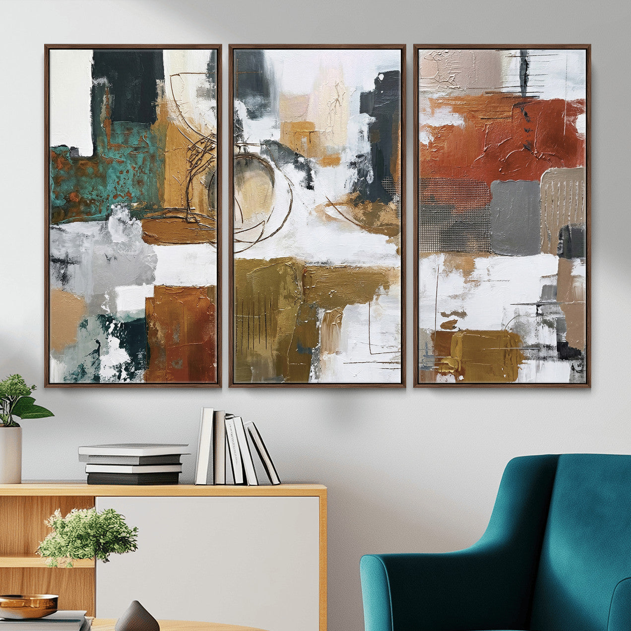 50720312-MGV-CV-36X24 - Blue Teal Abstract Canvas Wall Art, Modern Textured Painting Print, Navy Orange White Contemporary Art, Neutral Living Room Decor, Office Art