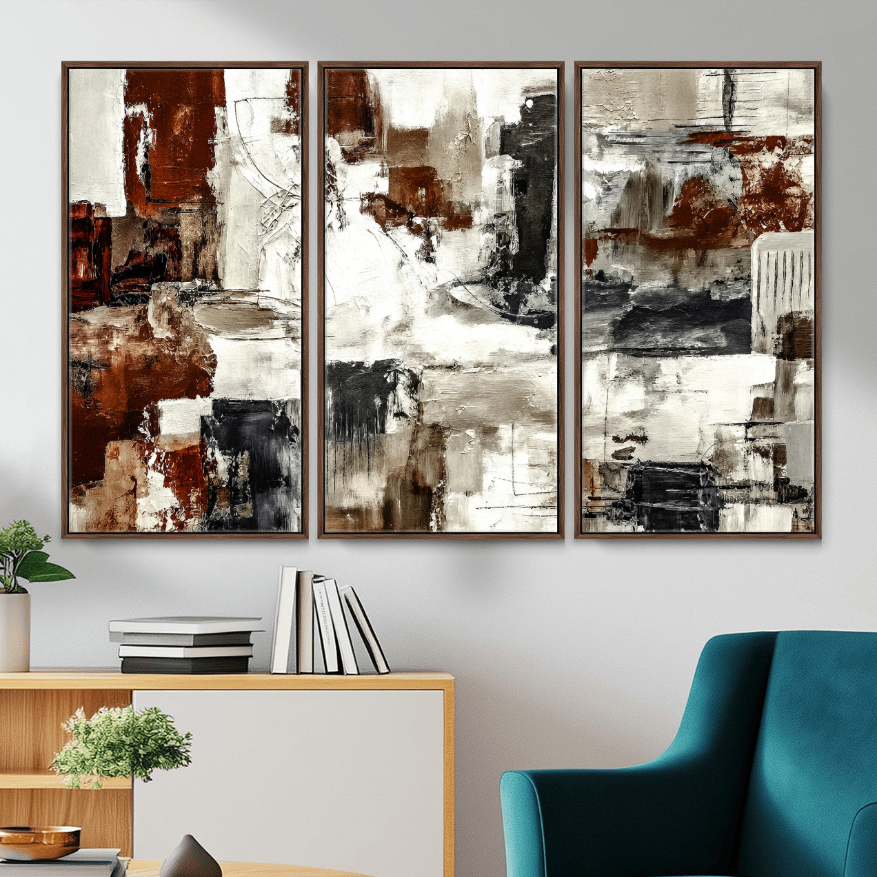 53022468-MGV-CV-36X24 - Blue Teal Abstract Canvas Wall Art, Modern Textured Painting Print, Navy Orange White Contemporary Art, Neutral Living Room Decor, Office Art