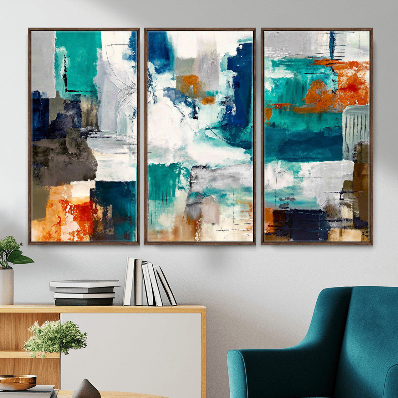 44038089-MGV-CV-36X24 - Blue Teal Abstract Canvas Wall Art, Modern Textured Painting Print, Navy Orange White Contemporary Art, Neutral Living Room Decor, Office Art