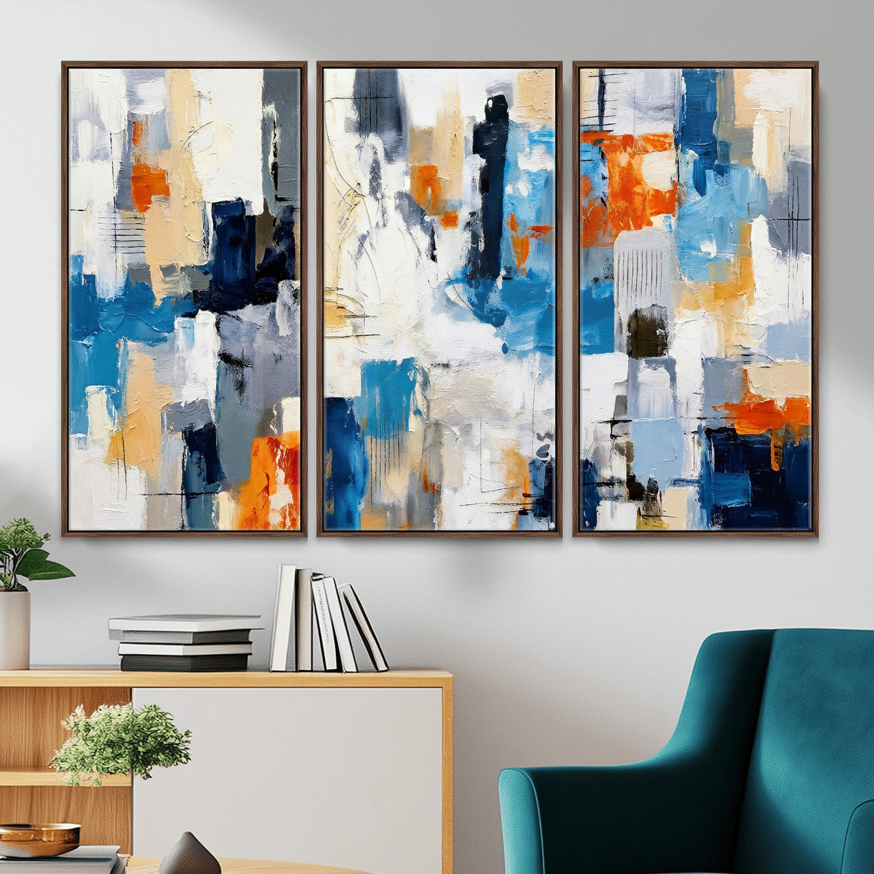 83915061-MGV-CV-36X24 - Blue Teal Abstract Canvas Wall Art, Modern Textured Painting Print, Navy Orange White Contemporary Art, Neutral Living Room Decor, Office Art