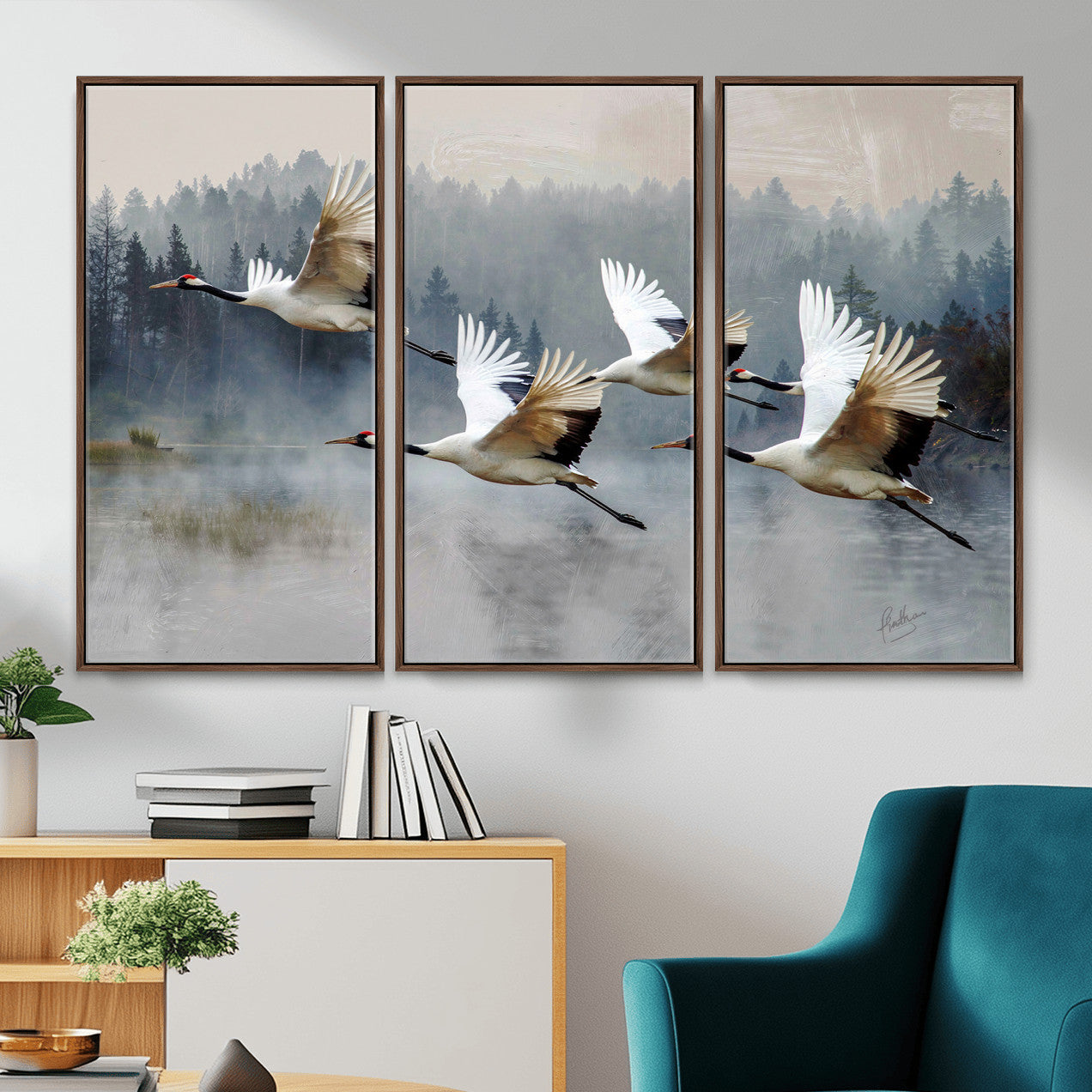 24356826-MGV-CV-36X24 - Flying Crane Canvas Wall Art Print, White Crane Bird Artwork, Wildlife Nature Decor, Lake Landscape Canvas, Ready to Hang