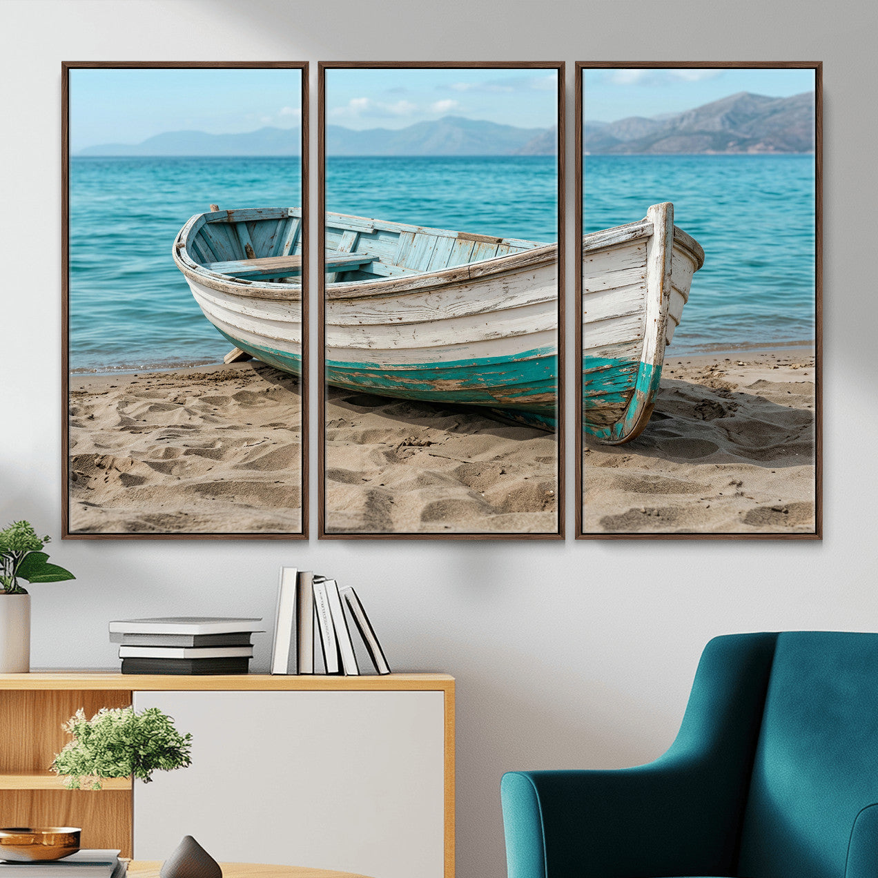 49963709-MGV-CV-36X24 - Coastal Boat Canvas Wall Art Print, Beach Boat Painting, Nautical Ocean Decor, Seascape Wall Art, Ready to Hang