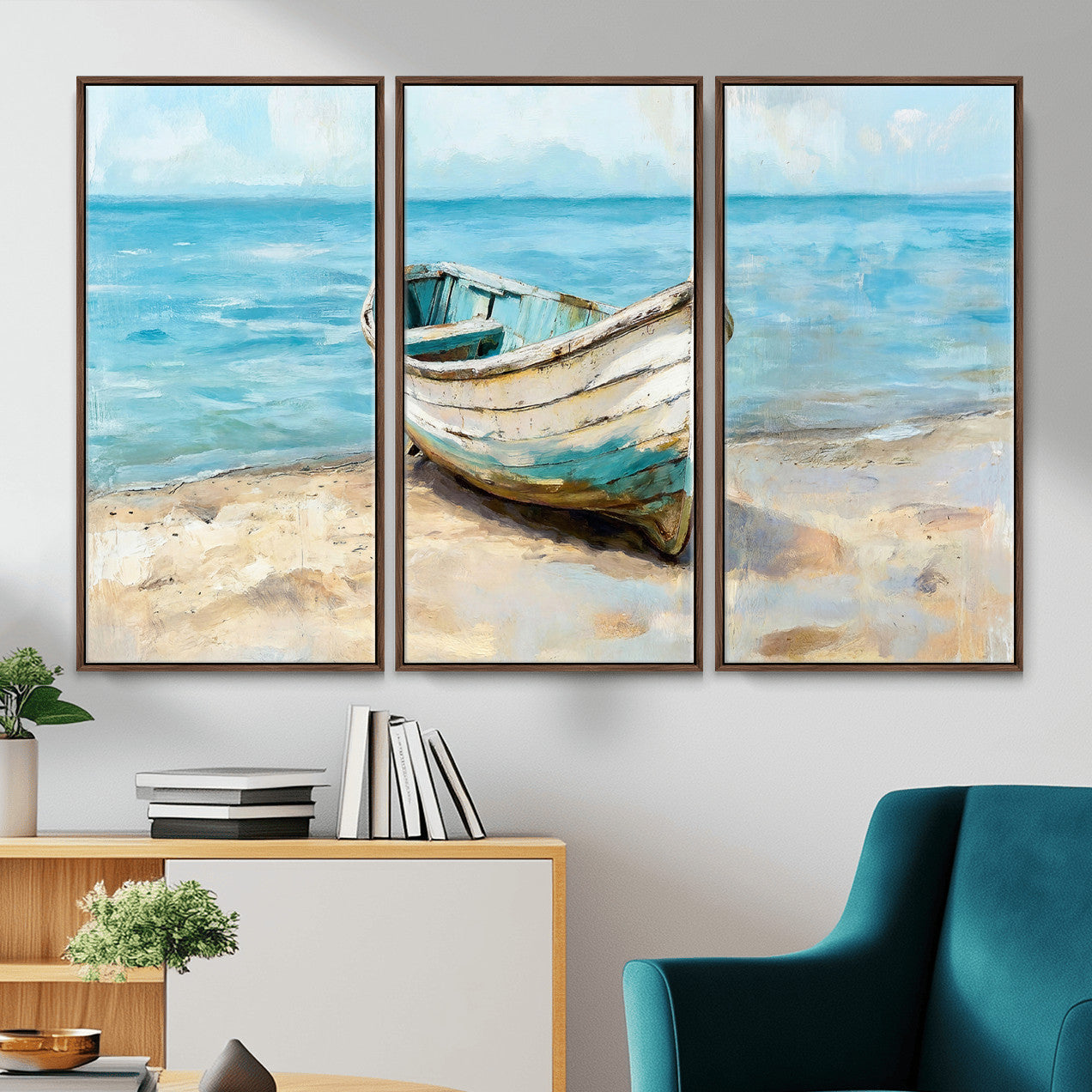 14780565-MGV-CV-36X24 - Coastal Boat Canvas Wall Art Print, Beach Boat Painting, Nautical Ocean Decor, Seascape Wall Art - Ready to Hang