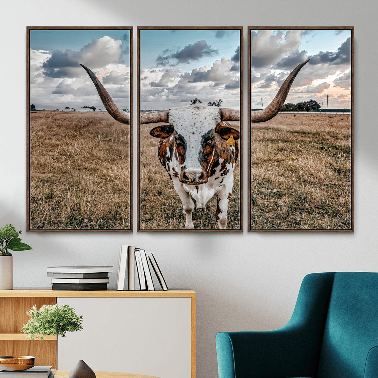17464823-MGV-CV-36X24 - Texas Longhorn Canvas Wall Art Print, Western Cow Photography, Rustic Ranch Decor, Farmhouse Wall Art, Ready to Hang