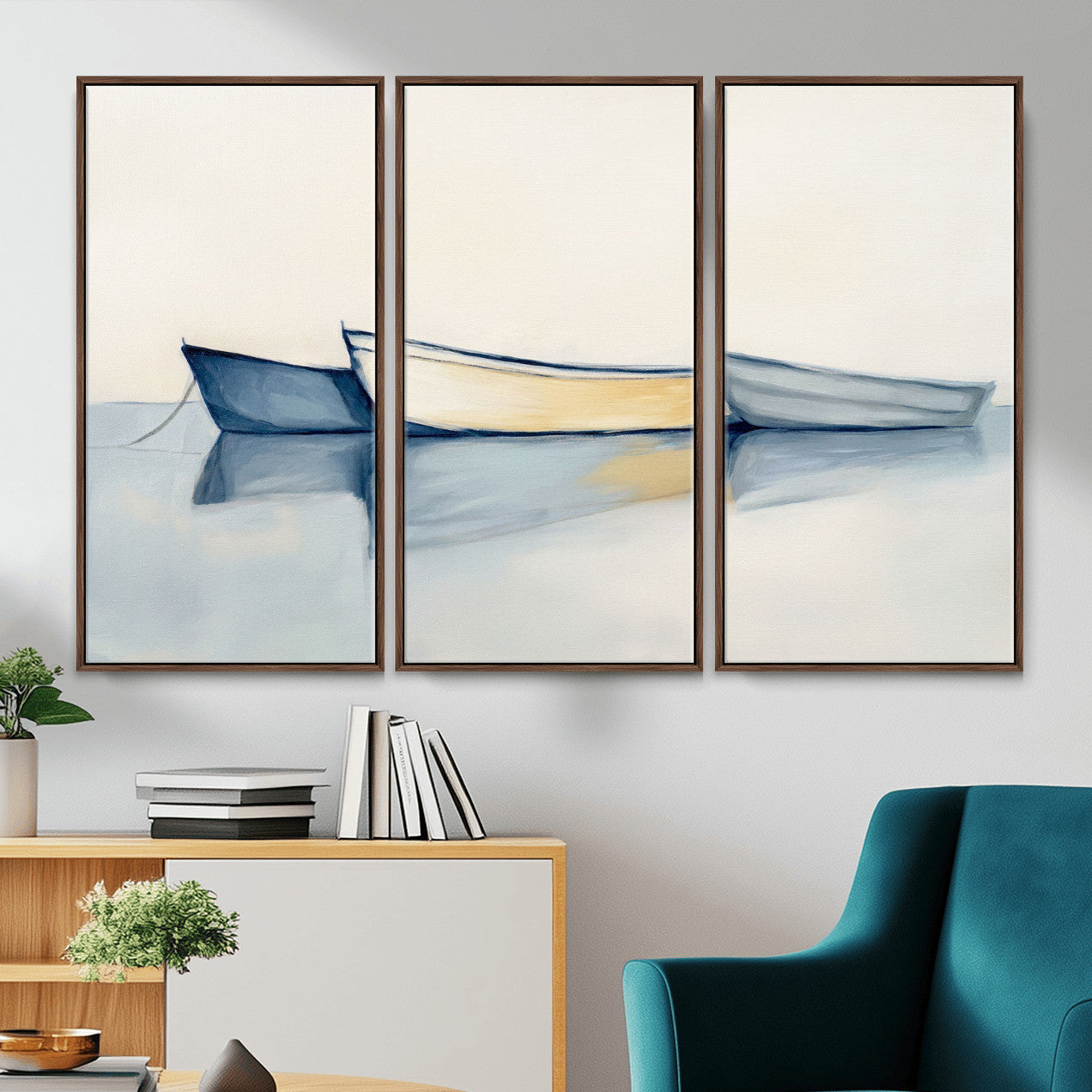 84017361-MGV-CV-36X24 - Abstract Three Boats Reflecting on Water Wall Art Canvas Print - Minimalist Coastal Seascape