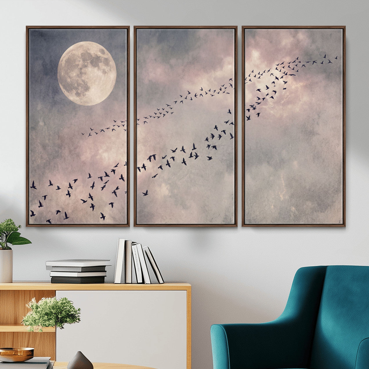 52339590-MGV-CV-36X24 - Birds Flying to Moon Wall Art Canvas Print - Vintage Surreal Night Sky Sky Print