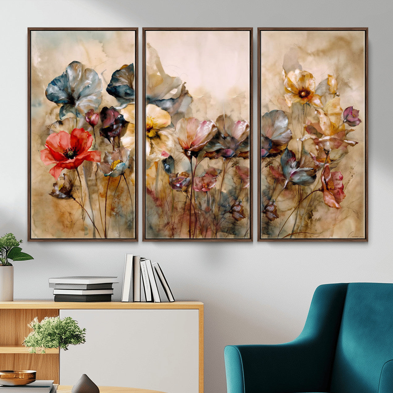 11407233-MGV-CV-36X24 - Vintage Dried Floral Meadow Wall Art Canvas Print, Translucent Watercolor Flowers Painting Print