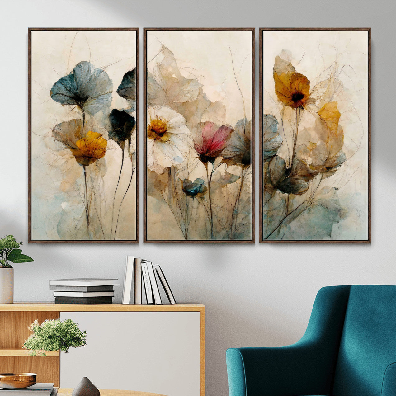86802229-MGV-CV-36X24 - Vintage Dried Floral Meadow Wall Art Canvas Print, Translucent Watercolor Flowers Painting Print