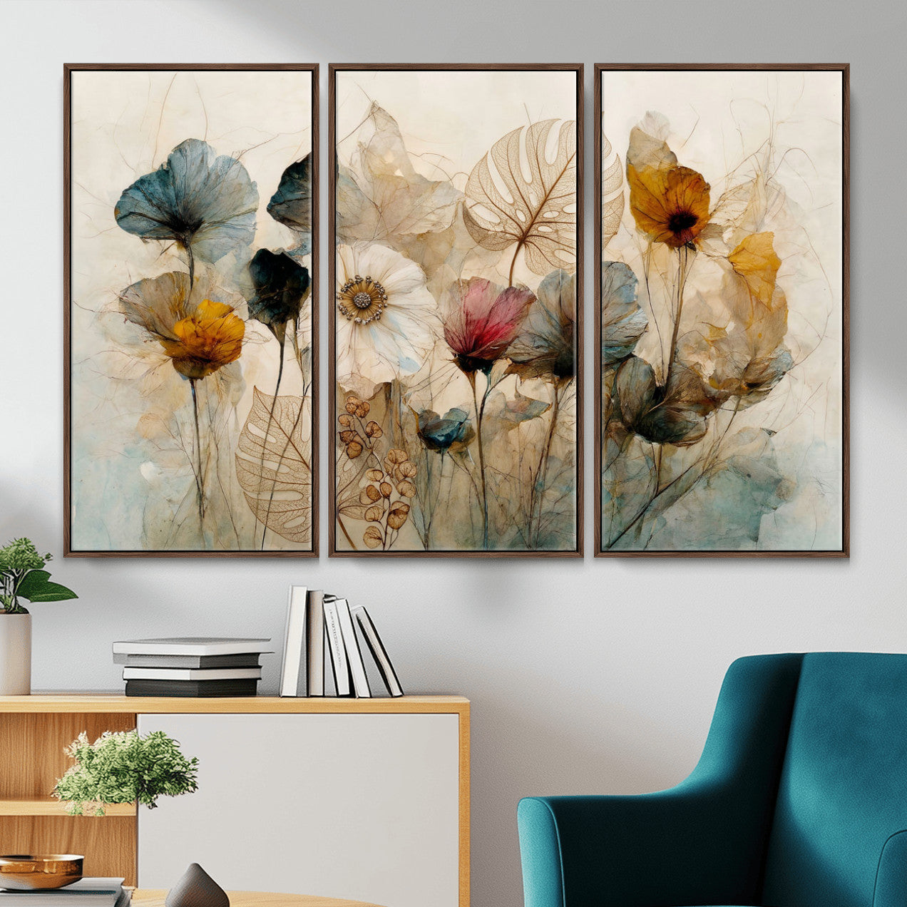 93171612-MGV-CV-36X24 - Vintage Dried Floral Meadow Wall Art Canvas Print, Translucent Watercolor Flowers Painting Print