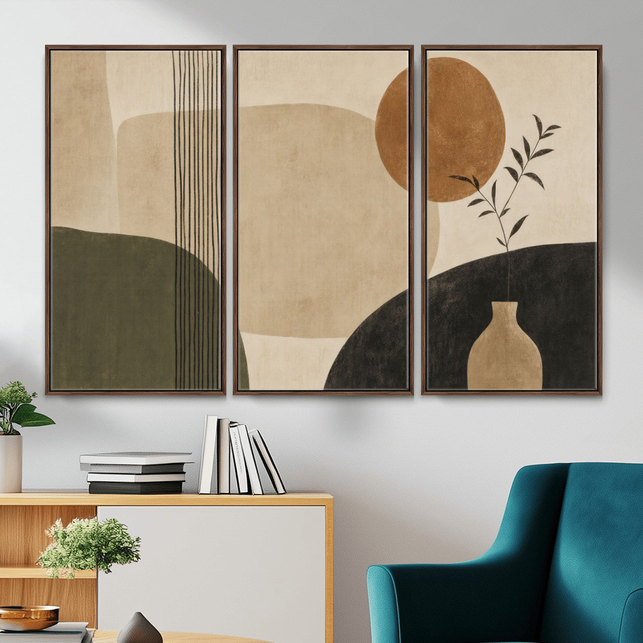 29113684-MGV-CV-36X24 - Japandi Minimalist Abstract Wall Art Canvas Print, Sage Green and Terracotta Sun Botanical Painting Print