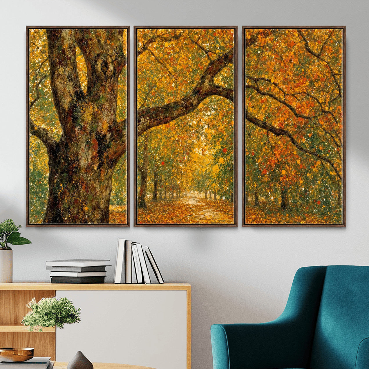 11536138-MGV-CV-36X24 - Vintage Autumn Forest Path Wall Art Canvas Print, Golden Leaves Impressionist Painting Print