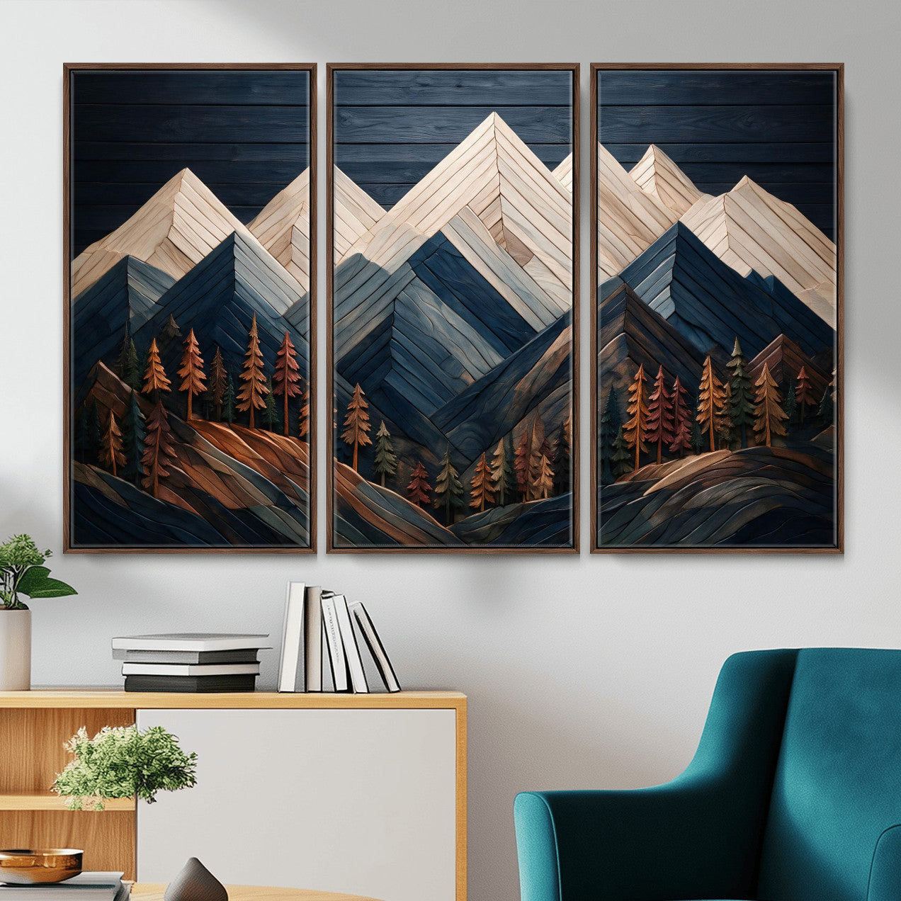 87765072-MGV-CV-36X24 - Geometric Wood Mountain Wall Art Canvas Print, 3D Look Rustic Mosaic Landscape Print