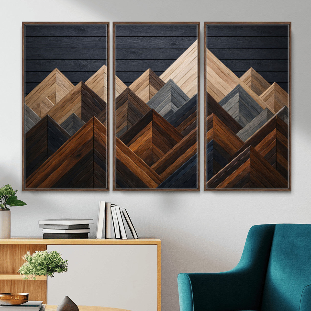 70531117-MGV-CV-36X24 - Geometric Wood Mountain Wall Art Canvas Print, 3D Look Rustic Mosaic Landscape Print