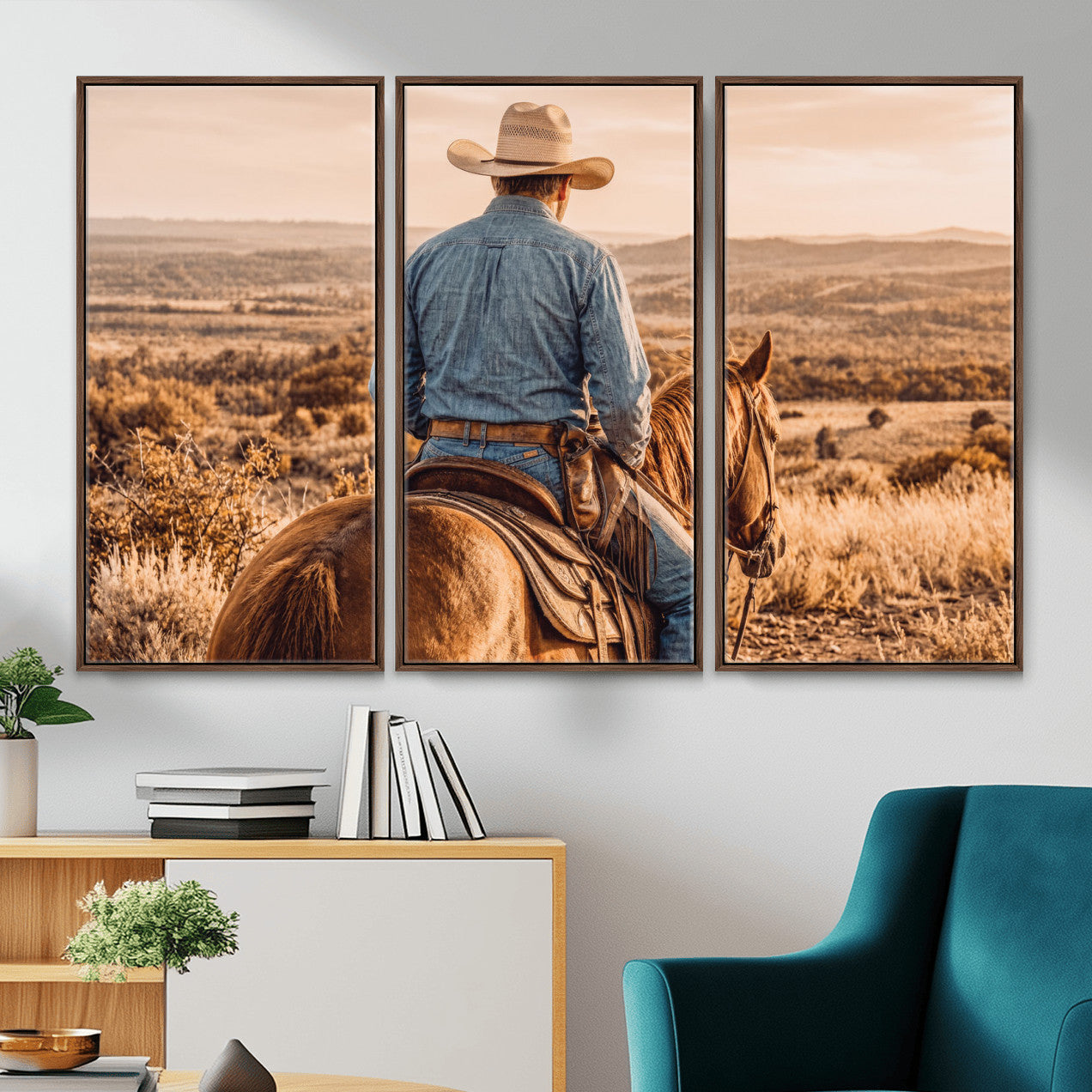 62076449-MGV-CV-36X24 - Texas Cowboy and Horse Print for Western Wall Art Decor for Farmhouse