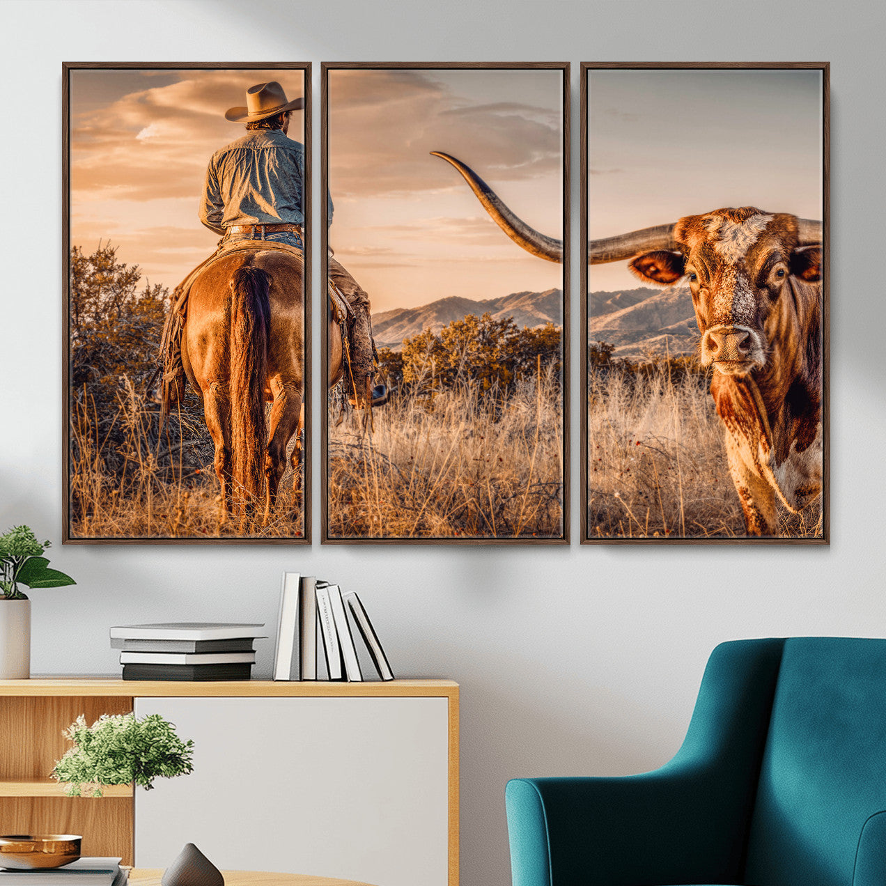 62076449C-MGV-CV-36X24 - Texas Cowboy and Longhorn Bull Print for Western Wall Art Decor for Farmhouse