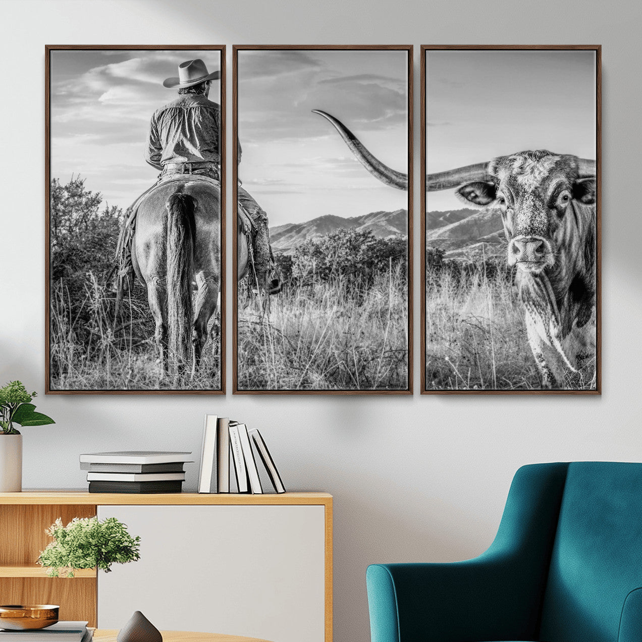 62076449WB-MGV-CV-36X24 - Texas Cowboy and Longhorn Bull Print for Western Wall Art Decor for Farmhouse
