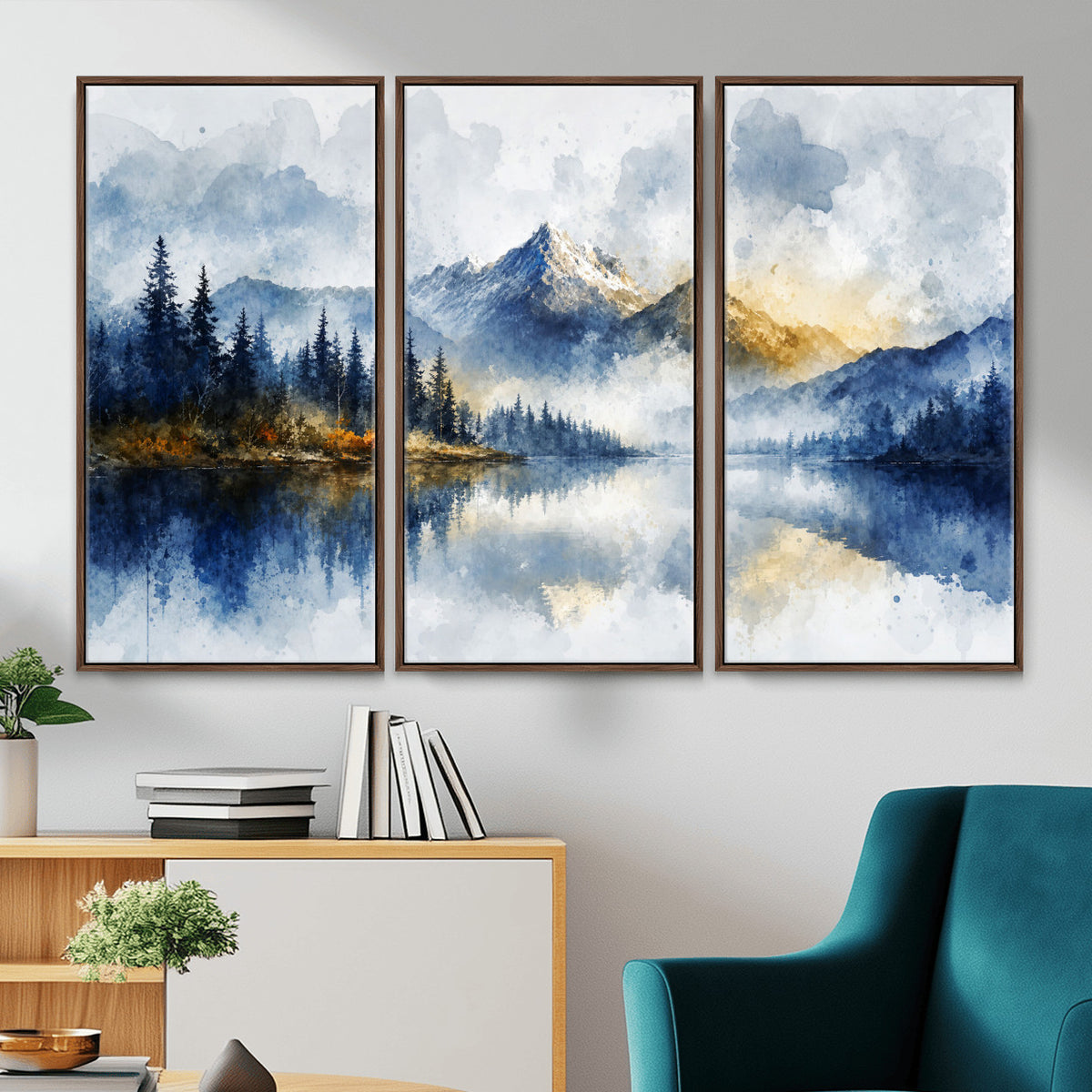 62076449DG-MGV-CV-36X24 - Abstract Watercolor Mountain Lake Wall Art Print for Living Room Decor