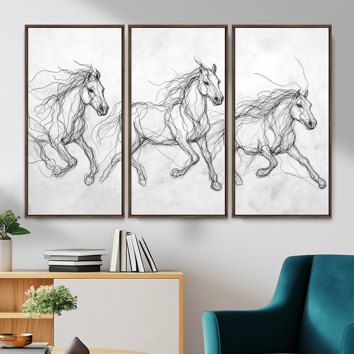 53600119-MGV-CV-36X24 - Monochrome Horse Canvas Wall Art, Black Ink Sketch Wild Horses Print, Minimalist Equestrian Artwork, Modern Abstract Line Decor, Urban Loft Gift