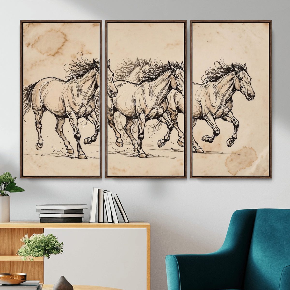 18242163-MGV-CV-36X24 - Vintage Horse Sketch Canvas Wall Art, Wild Horses Pencil Drawing Print, Antique Parchment Western Decor, Equine Sketching, Country Manor Gift