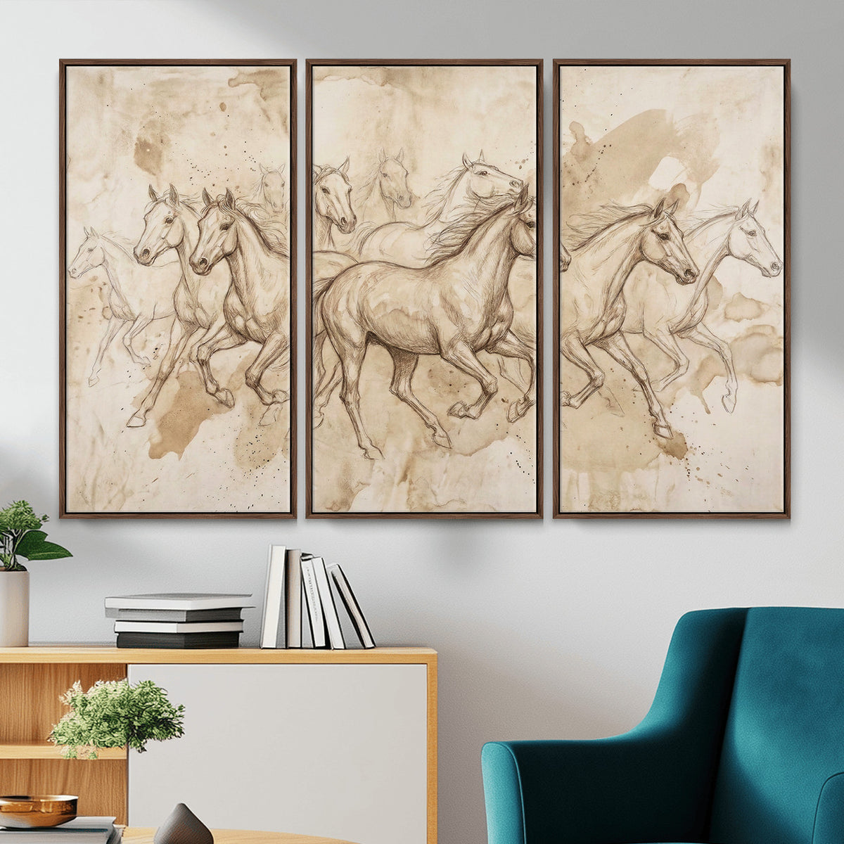 52233469-MGV-CV-36X24 - Vintage Horse Sketch Canvas Wall Art, Wild Horses Pencil Drawing Print, Antique Parchment Western Decor, Equine Sketching, Country Manor Gift